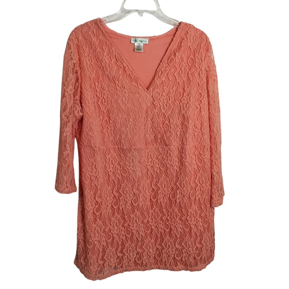 4487) Ulla Popken Salmon Lace Crocheted Shaped Fit Fairycore Tunic Blouse 12/14
